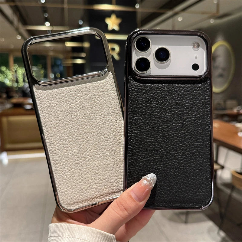 Luxury Plating Bumper Lychee Pattern Leather Texture Phone Case for Iphone 17 Air 16 15 14 plus 13 12 Pro Max 11 Shockpoof Cover