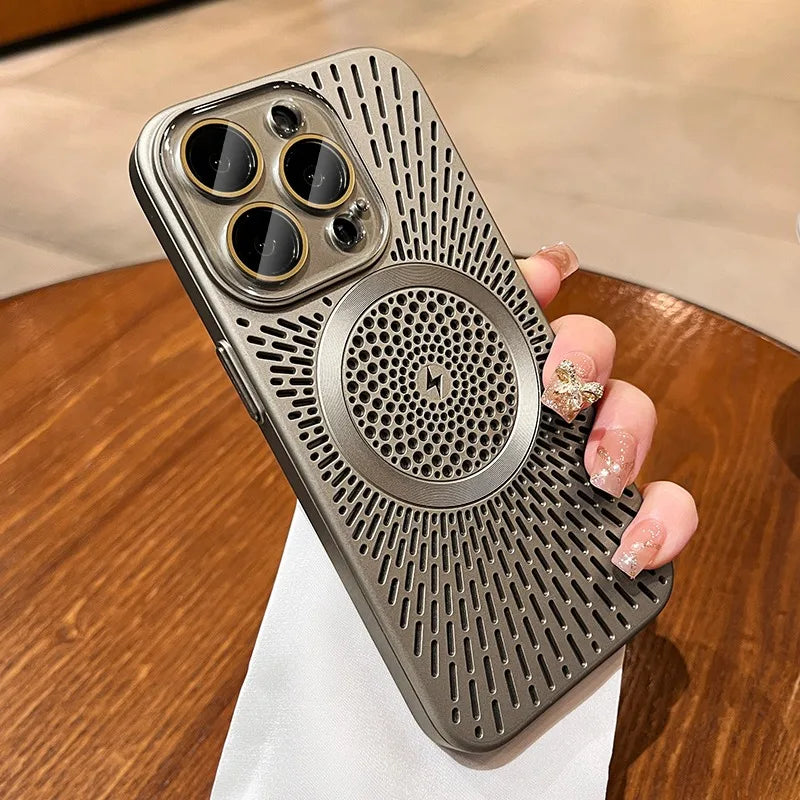 Titanium Heat Dissipation Hollow Cases for Iphone 17 Air 14 12 13 15 16 Pro Max plus Magnetic Lens Protection for Magsafe Cover