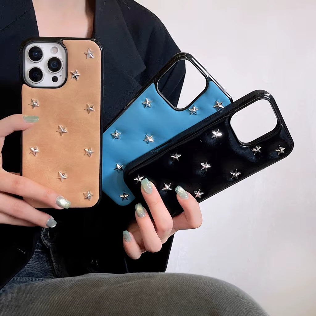 Simple Leather Full Screen Stereoscopic Silver Stars Shockproof Protective Phone Cover Case for Iphone 17