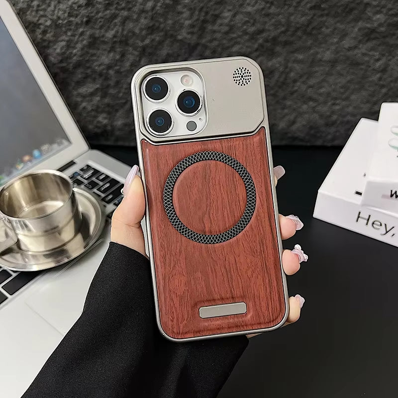 Frameless Metal Magnetic Cover for Iphone 17 Pro Max 16 15 14 plus 13 12 Magsafe Case Wood Grain Leather Thin Hard Shell Bumper