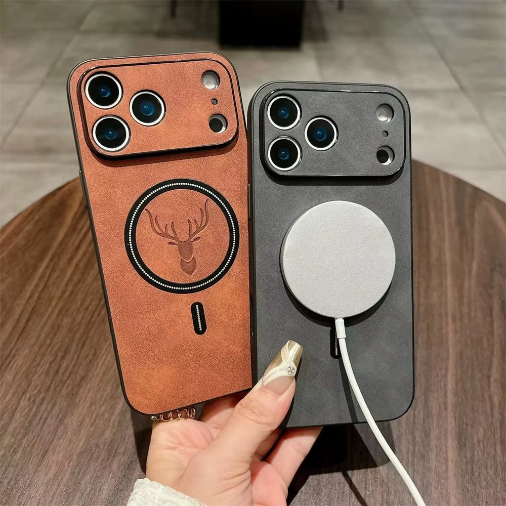 For Magsafe Leather Deer Shockproof Phone Cases for Iphone 17 plus Air Magnetic Wireless Charge Cover