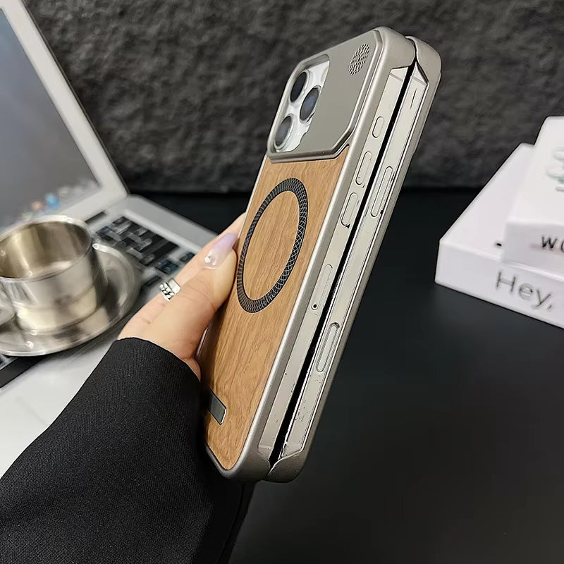 Frameless Metal Magnetic Cover for Iphone 17 Pro Max 16 15 14 plus 13 12 Magsafe Case Wood Grain Leather Thin Hard Shell Bumper