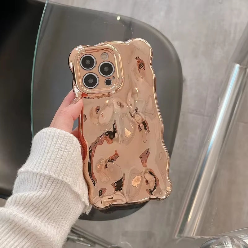 Luxury Plating Wrinkle Wavy Curly Edge Phone Case for Iphone 17 16 15 12 13 14 Pro Max 3D Unevenness Camera Protection Cover