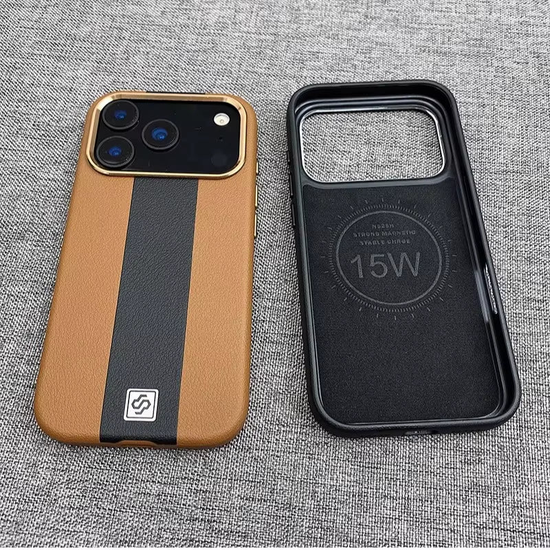 HOCE Splicing Leather Magnetic Case for Iphone 17 Air 16 15 14 13 Pro Max for Magsafe Wireless Charging Shockproof Hard Cover