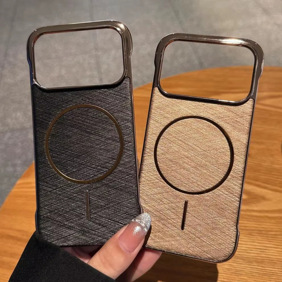 Plating Frameless Gold-Wire Texture Phone Case for Iphone 17 Air Pro Max for Magsafe Magnetic Wireless Charge Cooling PC Cover