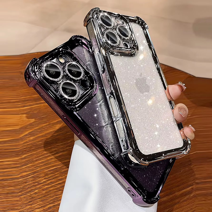 Luxury Glitter Transparent Silicone Case for Iphone 13 12 11 14 15 16 17 Pro Max Air 16 plus Plating Airbag Shockproof TPU Cover
