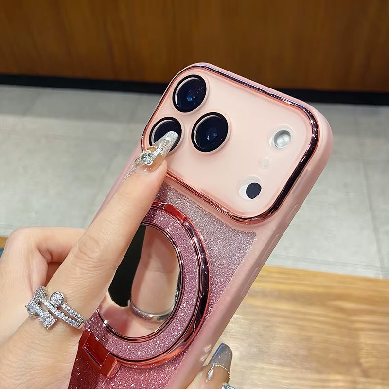 Fashion Glitter Magnetic Phone Case for Iphone 17 Pro Max Air 16 15 Mirror Bracket Dustproof Camera Lens Protect Cover