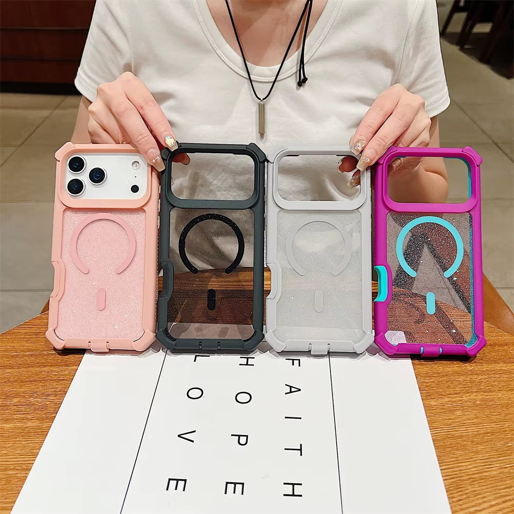 Shockproof Glitter Clear Magnetic Armor Case for Iphone 17 Air 16 15 14 plus 13 11 12 Pro Max for Magsafe Transparent Back Cover