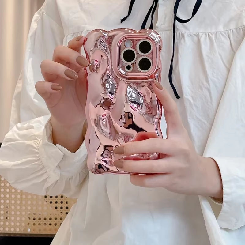 Luxury Plating Wrinkle Wavy Curly Edge Phone Case for Iphone 17 16 15 12 13 14 Pro Max 3D Unevenness Camera Protection Cover
