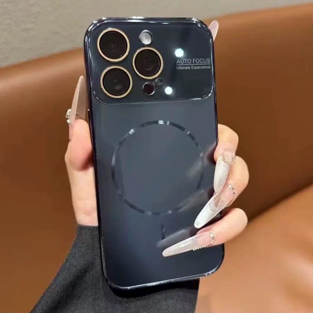 Luxury Large Window for Magsafe Case for Iphone 17 16 15 14 Pro Max Plating Magnectic Wireless Charging Glass Lens Protect Cover