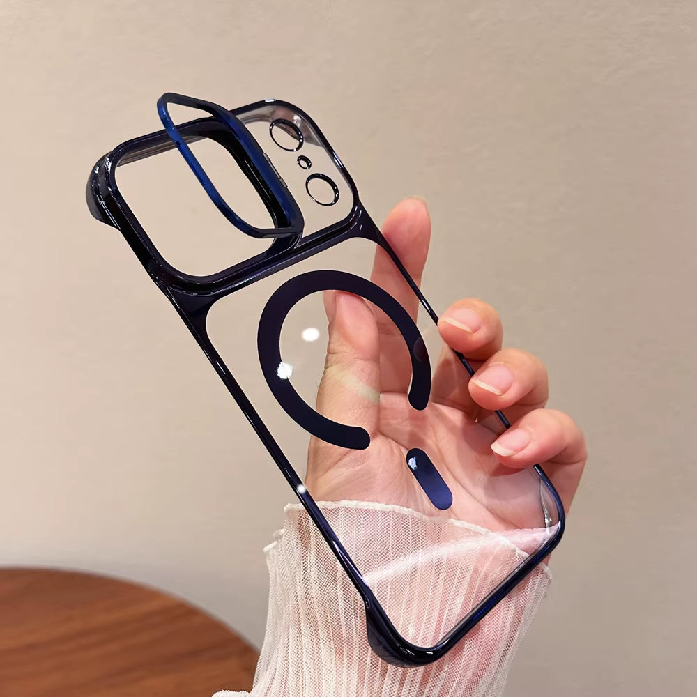 Clear Borderless Case for iPhone 17 Pro Max Air Mag safe Hold Lens Bracket Case for iPhone 14 15 16 Pro Max PC Plating Cover