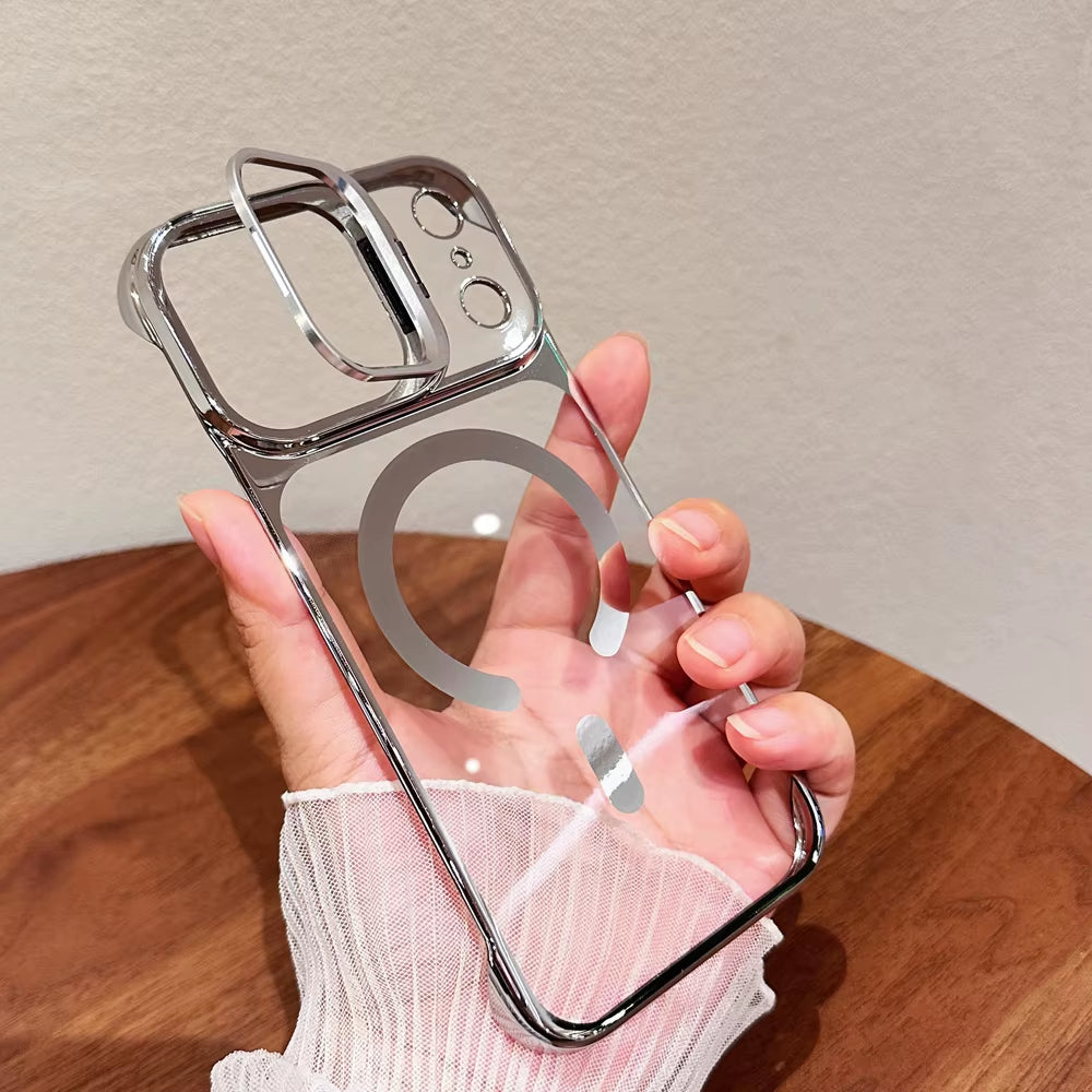 Clear Borderless Case for iPhone 17 Pro Max Air Mag safe Hold Lens Bracket Case for iPhone 14 15 16 Pro Max PC Plating Cover