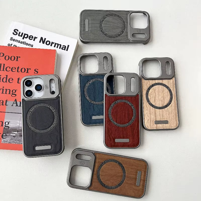 Frameless Metal Magnetic Cover for Iphone 17 Pro Max 16 15 14 plus 13 12 Magsafe Case Wood Grain Leather Thin Hard Shell Bumper