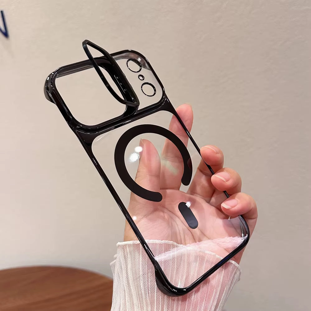 Clear Borderless Case for iPhone 17 Pro Max Air Mag safe Hold Lens Bracket Case for iPhone 14 15 16 Pro Max PC Plating Cover