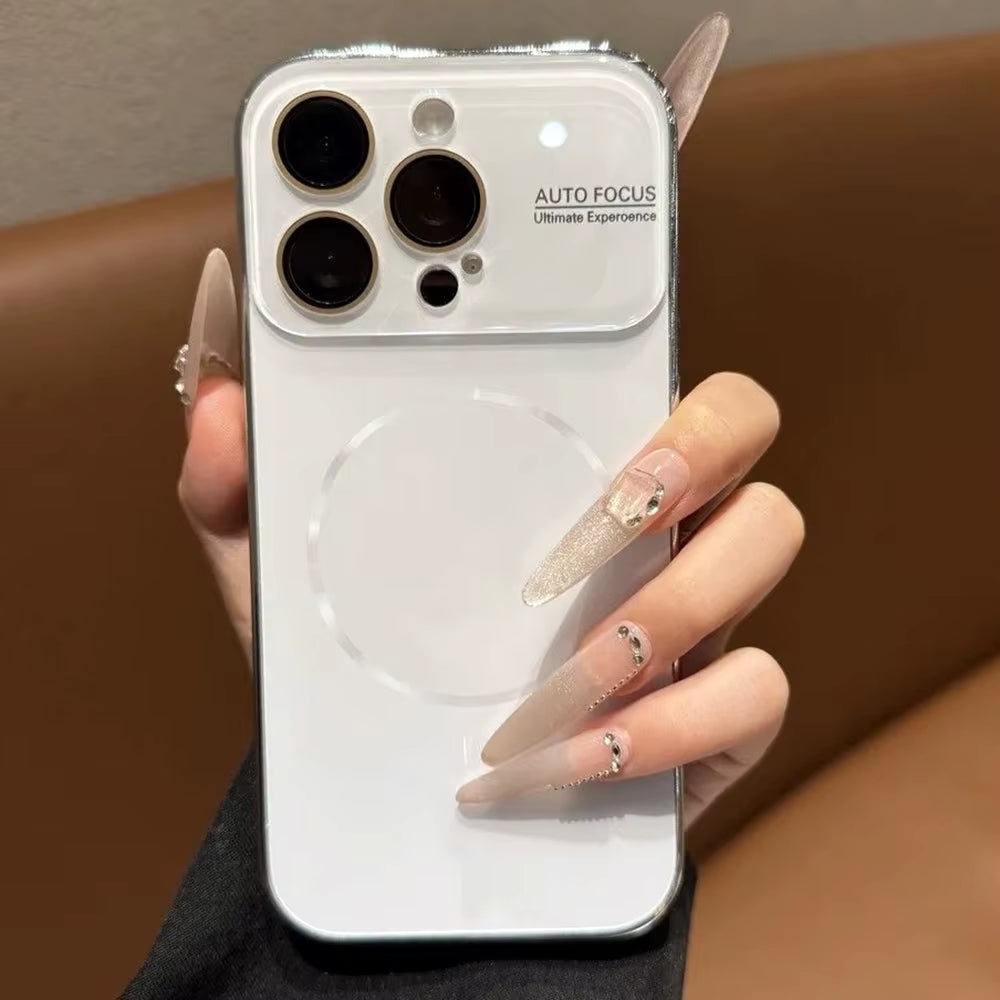 Luxury Large Window for Magsafe Case for Iphone 17 16 15 14 Pro Max Plating Magnectic Wireless Charging Glass Lens Protect Cover